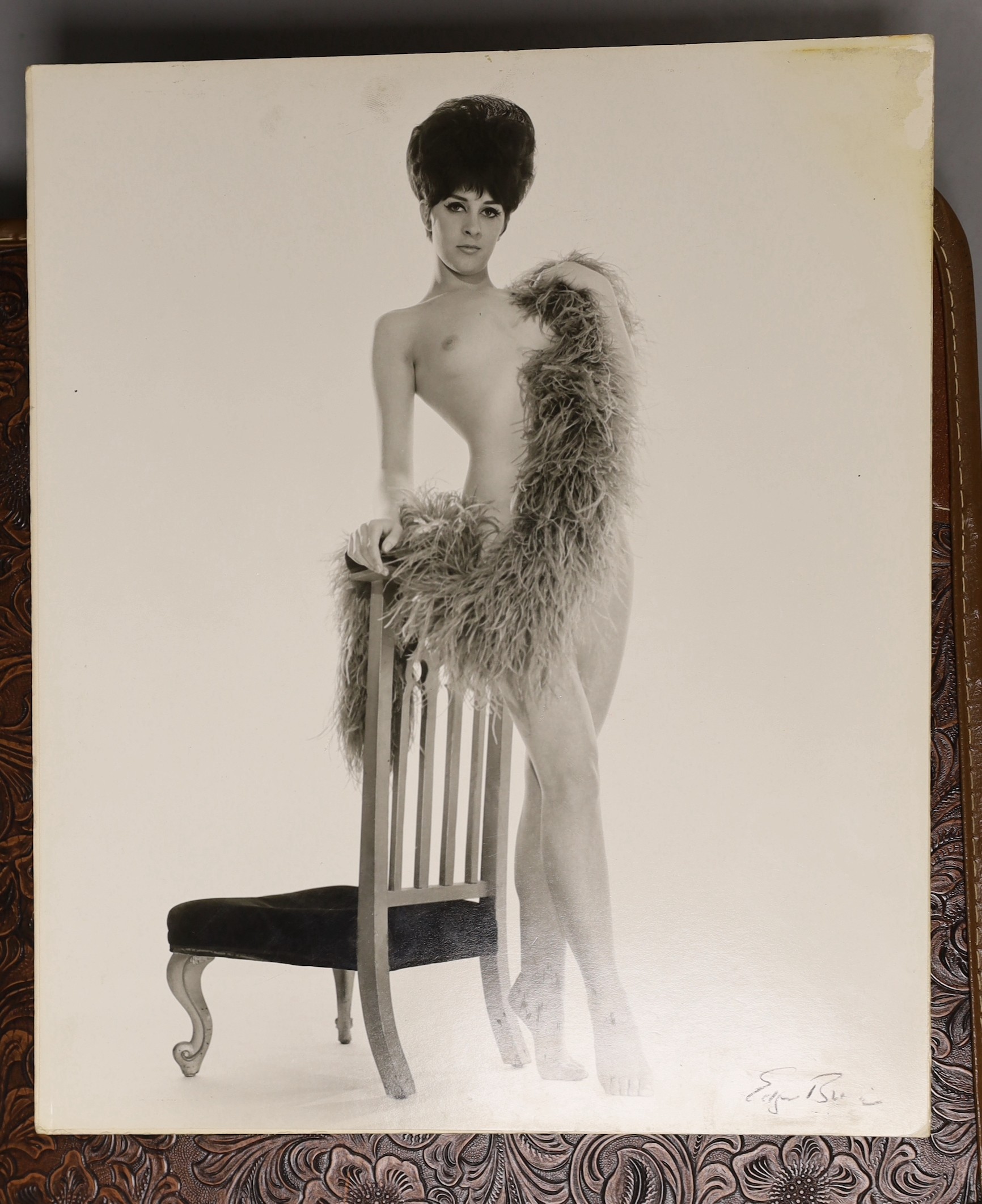 A collection of black and white 1960’s photos from the Windmill Theatre, London, some signed by the photographer together with a Mauchline ware album containing photos of Sussex